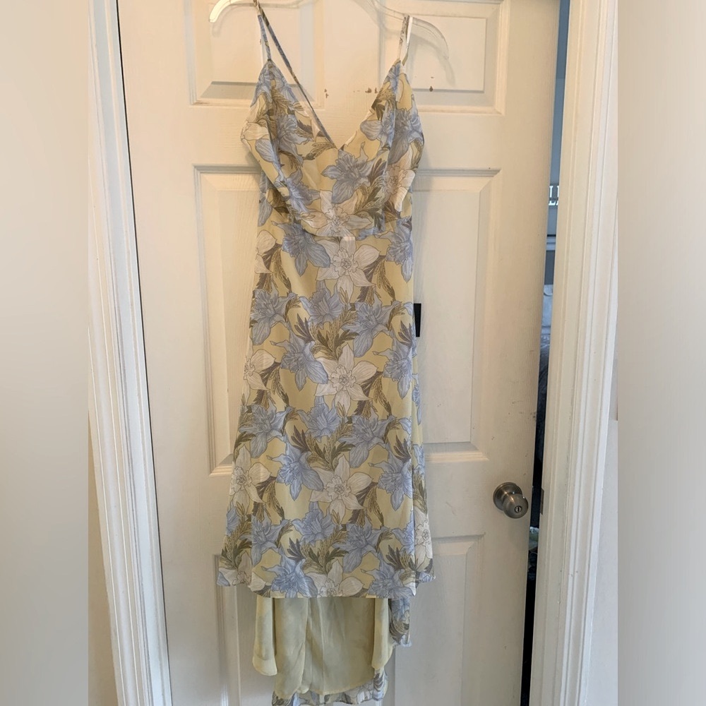 Lulu's Yellow Floral High-Low Dress with Blue Accents